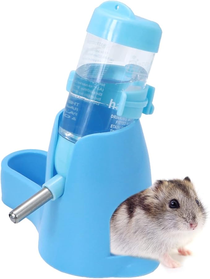 Wontee 3 in 1 Hamster Water Bottle with Food Bowl Hideout Base, 80ML, Blue | Water dispenser, food container, hideout, stable base, easy to refill, for glass tank/cage, dwarf hamster/mouse/gerbil, 2.7oz