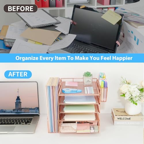 5-Tier Desk File Organizer with Drawer & Pen Holder (Rose Gold)