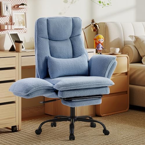 Wider Seat Office Chair with Flip Armrests for Criss Cross Legged&Cats, Big and Tall Executive Ergonomic Reclining Chair with Footrest&Lumbar Pillow, Teddy Fleece Desk Chair,Blue Vanity Chair