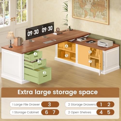 SEDETA Farmhouse L Shaped Desk with Drawers, 70.9" Home Office Desk with Storage Cabinet and Storage Shelves, L Shaped Computer Desk with Power Outlet，White+Brown