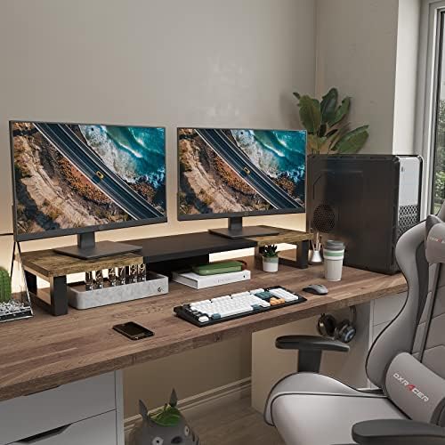 WESTREE Dual Monitor Stand Riser, Wood and Steel Multi-Purpose Desktop Storage Stand for 2 Monitors for Computer, Laptop, Printer, TV, Rustic Brown (Pack of 2)