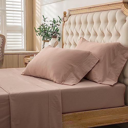 PURE ERA Jersey Knit 4pc Bed Sheet Set 100% T-Shirt Cotton Super Soft Comfy Breathable Fits Mattress Up to 20" Extra Deep Pocket (Solid Petal Pink, Cal King)