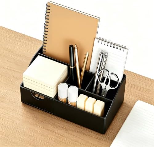HBlife Acrylic Desk Organizer with Drawer, Pen & Pencil Holder, Multifunctional Desktop Caddy for Office Supply and Organization (Black)