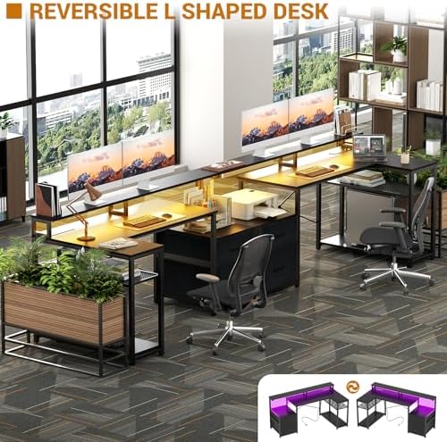 Aheaplus L Shaped Desk with File Drawer, Reversible L Shaped Gaming Desk