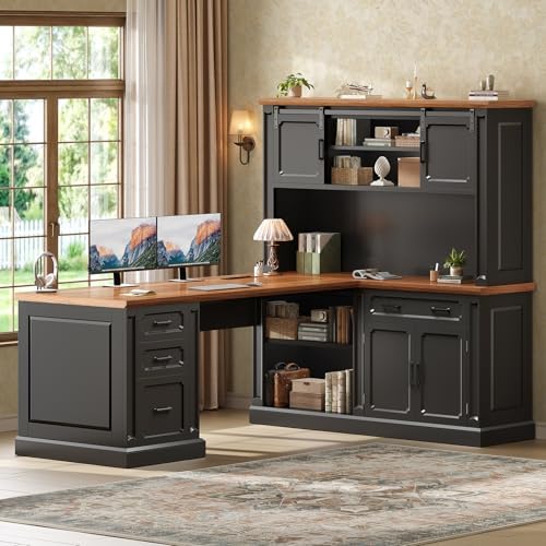 SEDETA 67" Farmhouse Executive L Shaped Desk with Hutch