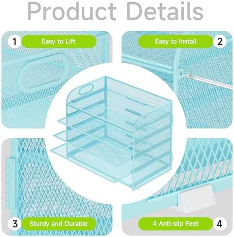 Cawukege 5 Tier Paper Organizer with Handle, Blue Metal Mesh Desk Organizer File Folder Paper Letter Tray Desktop Document Sorter for Classroom, School, Office Accessories Organization and Storage