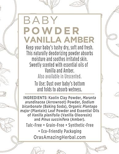 Ora's Amazing Herbal Baby Powder Talc-Free, Real Vanilla Amber Natural Scent, Cornstarch Free Arrowroot and Clay Based Powder, Synthetic Fragrance Free, 2.5 oz 3 Pack