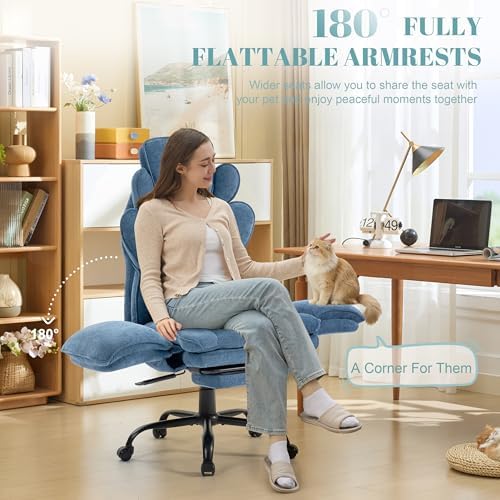 Flip Armrests Criss Cross Office Chair, Reclining Office Chair with Foot Rest, Adjustable Headrest, Massage Waist Pillow, Cross Legged Big and Tall Desk Chair Wide Seat Vanity Chair, Blue Fabric