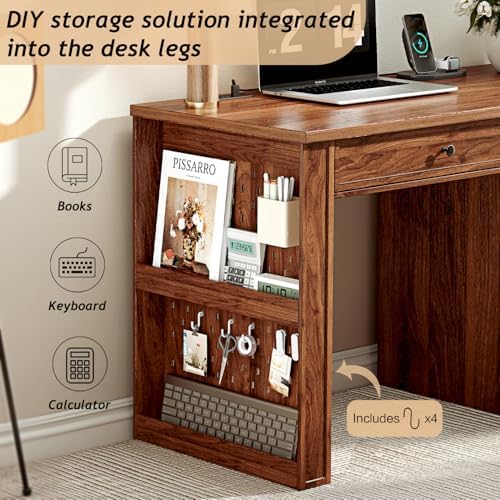 Ieejdn 47" Home Office Desks, Executive Desk, Farmhouse Computer Desk with Drawers and Charging Station, File Drawer, Storage Cabinet, Rustic Computer Writing Desk,Antique Tan