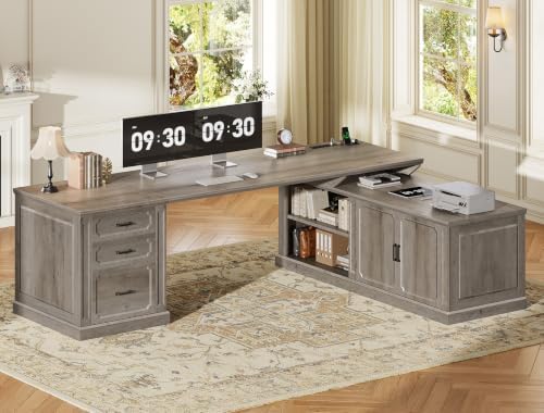 SEDETA Farmhouse L Shaped Desk with Drawers, 70.9" Home Office Desk with Storage Cabinet and Storage Shelves, L Shaped Computer Desk with Power Outlet，Gray