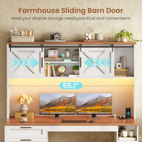 SEDETA 55.1" Farmhouse Desk with Hutch & 3 Storage Drawers