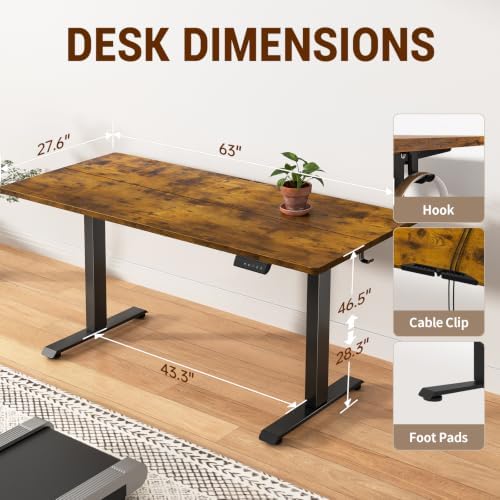 Veken 63×27.6 Inch Large Electric Standing Desk, Gaming Table, Brown
