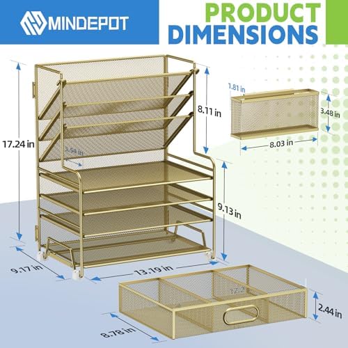 MINDEPOT 4-Tier Paper Organizer + 3-Pocket File Holder + Drawer + Pen Holders, Desktop File Organizers Paper Tray for Office Supplies School Classroom Organization (Gold, with Drawer & Pen Holder)