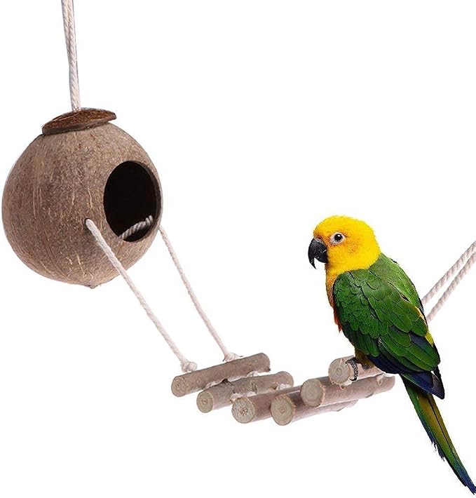 9-Piece Parakeet Toys & Budgie Toys, Bird Cage Accessories Set | Natural wood bird toys include coconut hideaway, swing, ladder, perch, mirror and hanging toys for budgies & cockatiels