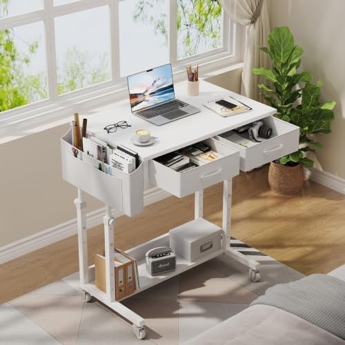 WINAZ Small Rolling Standing Desk with Drawers & Storage, 32 Inch Height Adjustable Desk on Wheels for Teachers, Students, Portable Mobile Workstation for Home Office, Small Spaces, Sewing & Crafts