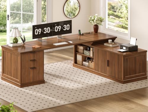 SEDETA Fluted 70.9" L Shaped Desk with Drawers, Fluted Brown