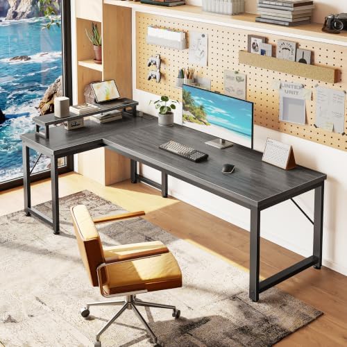PRAISUN 53" L Shaped Computer Desk, Power Outlets, Monitor Stand, Grey