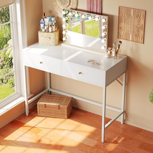 SUPERJARE White Vanity Desk with Drawers, 31.5 inch Computer Desk