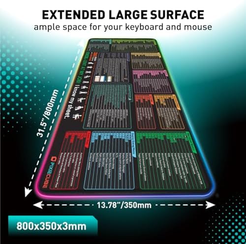 Excel Cheat Sheet LED Desk Pad | Excel Shortcut Keys Mouse Pad - Colorful RGB Luminous Extended Large Gaming Mousepad| PC Office Spreadsheet Keyboard Mat| Non-Slip Stitched Edge Desk Mat