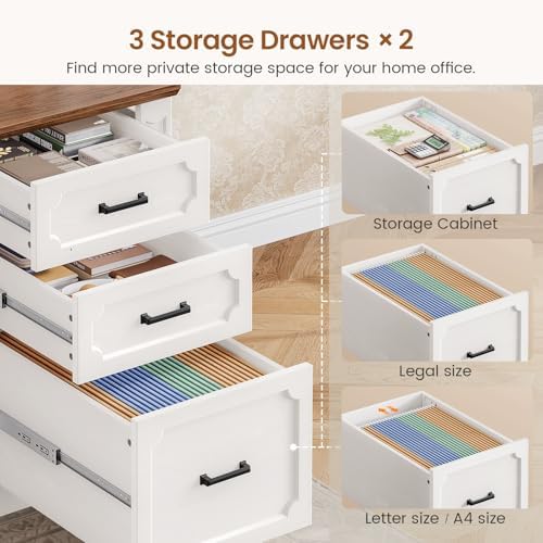 SEDETA Farmhouse 110.3" Two Person Desk with 7 Drawers, Long Computer Desk with Storage Cabinet, 2 Person Desk with Power Outlets for Home Office, White+Brown