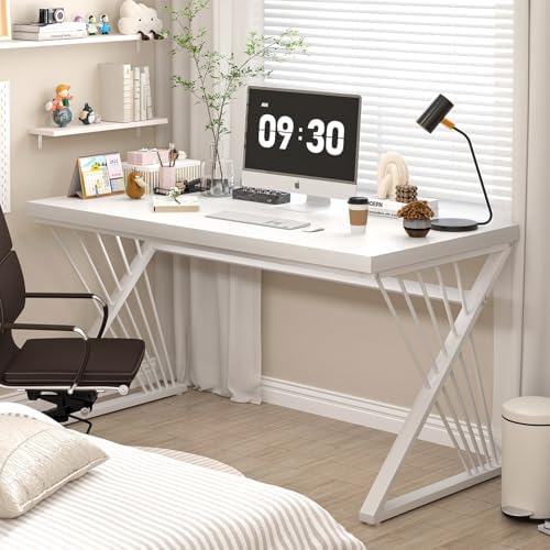 FOLUBAN White Desk, Modern Wood and Metal Computer Desk for Home Office, Simple Writing Work PC Desks for Bedroom, Industrial Study Gaming Table for Living Room, White, 47 Inch