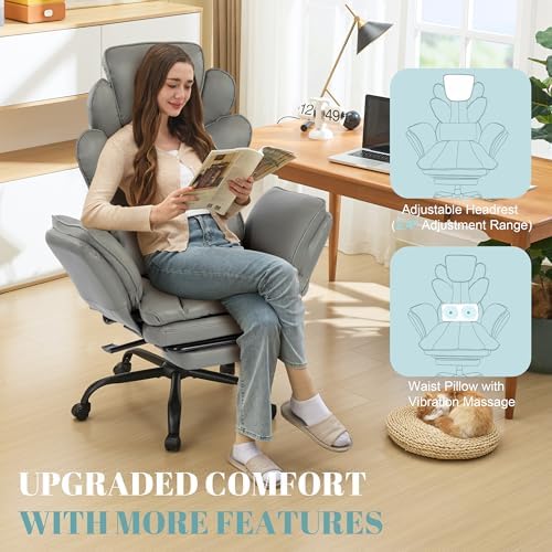 Flip Armrests Criss Cross Office Chair, Reclining Office Chair with Foot Rest, Adjustable Headrest, Massage Waist Pillow, Cross Legged Big and Tall Desk Chair Wide Seat Vanity Chair, Grey PU Leather