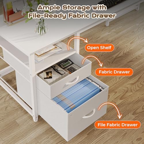 PRAISUN 63 Inch L Shaped Desk with Power Outlets and USB-C Port, Computer Corner Home Office Desk with File Fabric Drawers and Movable Monitor Stand, Larger Storage, Gaming, Writing, Work, White