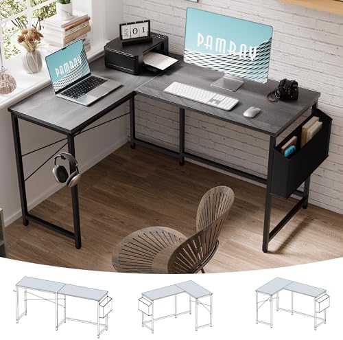 Pamray 47 Inch Reversible L Shaped Gaming Desk Corner Computer Desk with Storage Bag Home Office Table for Writing Study Grey