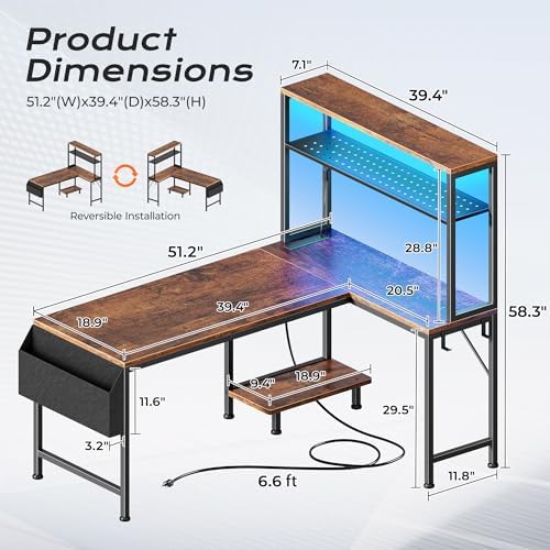 PRAISUN L Shaped Gaming Desk with LED Lights & Power Outlets