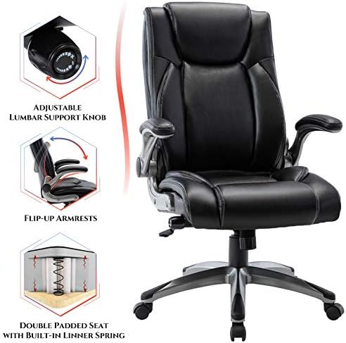 COLAMY Ergonomic Office Chair, High Back Leather Desk Chair with Adjustable Lumbar Knob, Thick Cushion Seat, Flip-up Armrests, Rocking Function, Computer Chair for Home Office, Black