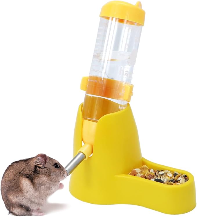 Wontee 3 in 1 Hamster Water Bottle with Food Bowl Hideout Base 125ML Yellow | Water dispenser, food container, hideout, stable base, easy to refill, for glass tank/cage, dwarf hamster/mouse/gerbil, 4.2oz