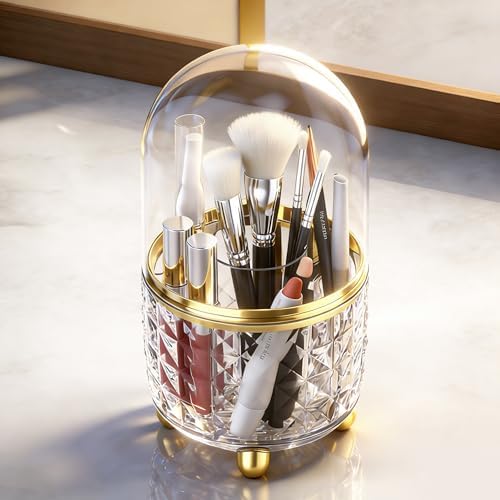 GOTOBA 360° Rotating Pencil Holder for Desk, Makeup Brush Holder with 6 Slots, Desk Organizer for Writing Utensil, Office and School Supplies (Clear with cover)
