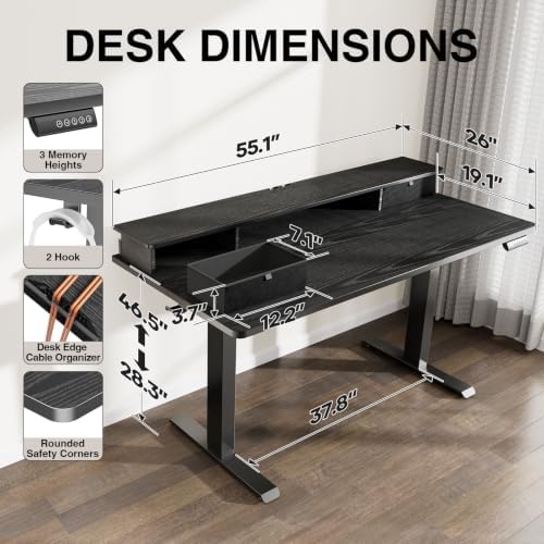 Veken 55x26 in Electric Standing Desk with Drawers, Adjustable Table, Black