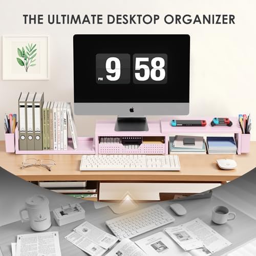 OPNICE Desk Organizers and Accessories, Dual Monitor Stand Riser with Drawer and 2 Pen Holders, Desk Shelf Computer Racks for Office Workspace Organizers, Desktop Organization (Pink)