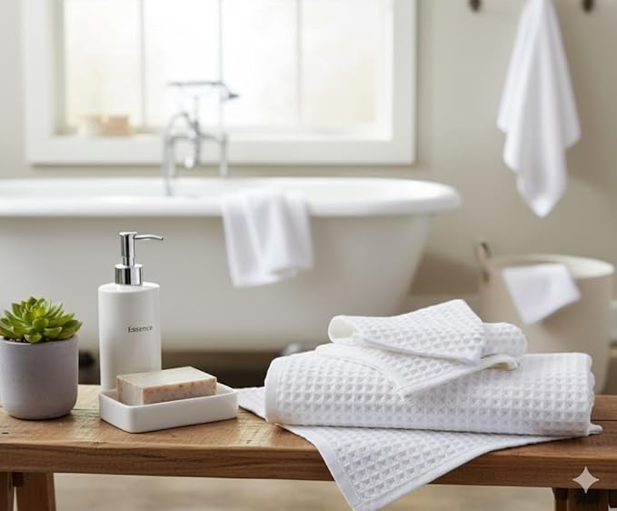 DEMMEX Organic Cotton Waffle Weave Turkish Towel Set for Bathroom, 100% OEKO-TEX Certified Super Soft Turkish Cotton, Lightweight & Quick Dry, 1 Bath & 2 Large Hand Towels, 30x60/20x30 in. Crisp White
