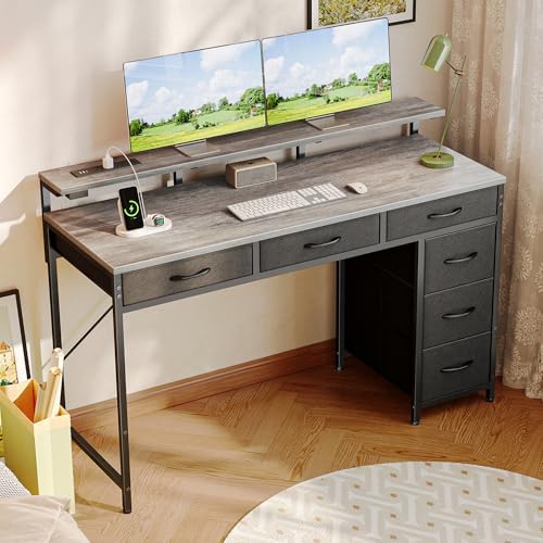 Huuger Gaming Desk with 6 Drawers, Computer Desk with LED Lights Power Outlets and Type-C, 47 Inch Office Desk with Storage, Monitor Stand, Writing Work Desk Home Office, Bedroom, Study, Grey