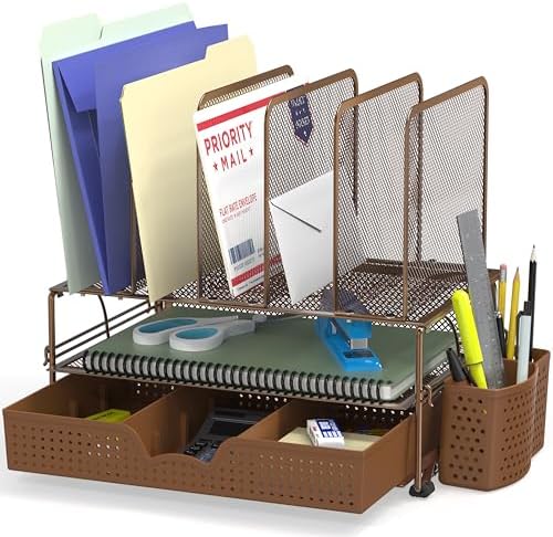 Simple Houseware Desk File Organizer for Office Supplies w/Drawer, Copper