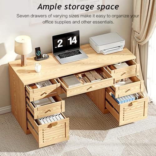 Ieejdn 59" Home Office Desks, Executive Desk, Farmhouse Computer Desk with 7 Drawers and Charging Station, File Drawer, Rustic Computer Writing Desk,Antique Wood