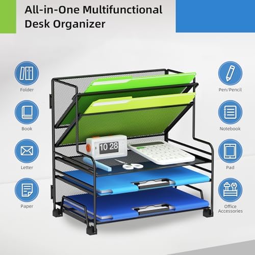 MINDEPOT 4-Tier Paper Organizer + 3-Pocket File Holder, Desktop File Organizers Paper Tray for Office School Classroom Workspace Organization (Black Desk Organizer, No Drawer & No Pen Holder)