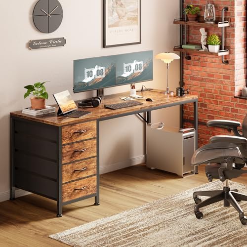 PRAISUN 55.1 Inch Computer Office Desk with Power Outelts and USB-C Port, Reversible Gaming Desk with 4 Fabric Drawers, Work Study Desk Work from Home, Rustic Brown