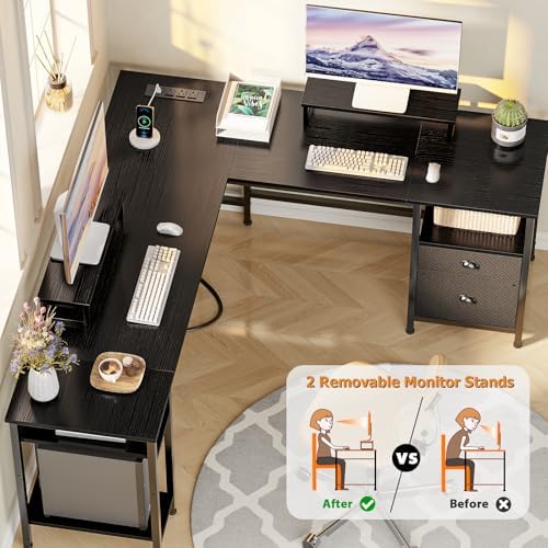 Furologee 66 Inch L Shaped Desk with 2 Drawers and Power Outlet, Black