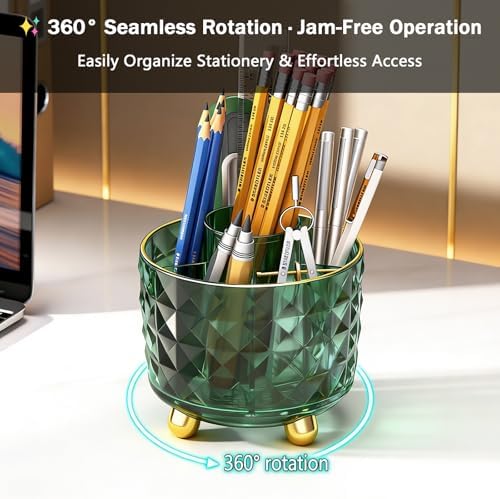 GOTOBA Dark Green Pen Pencil Holder for Desk, 360° Rotating Pen Organizer, Green Office Supplies, Cute Pen Holder, 6-Compartment Pencil Holder Rotating