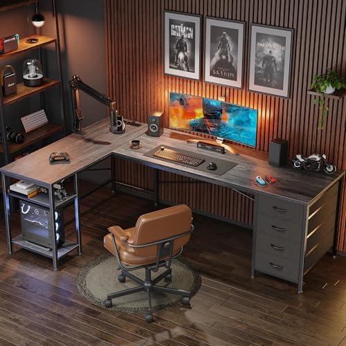 Huuger 63 Inch L Shaped Desk with Fabric Drawers, Reversible Computer Gaming Desk with Power Outlets and USB-C Port, Adjustable Side Storage Shelves, for Work Study Corner Home Office, Grey