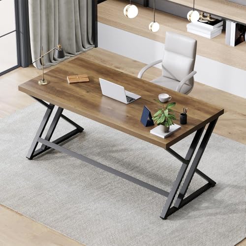 LVB 55 Inch Modern Computer Office Desk Metal Wood Writing Desks Rustic Oak