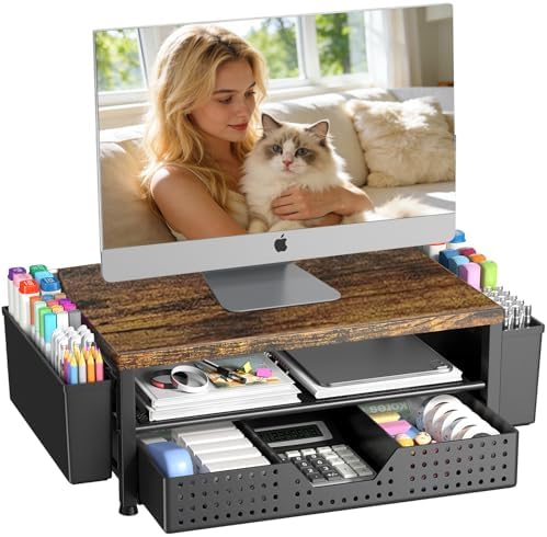 OPNICE Desk Organizers and Accessories, Computer Monitor Stand Riser with Drawer and 2 Pen Holders, Printer & Laptop Stand, Office Desk Accessories & Workspace Organizers for Home Office Supplies, Brown