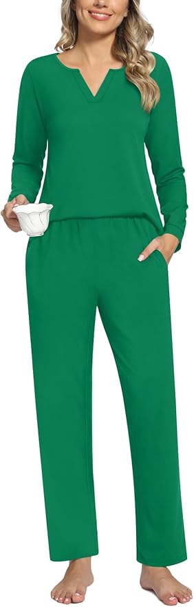 Anyally Women's Plus Size Pajama Sets Ladies Fall Pjs 2 Pieces Lounge Outfits V Neck Long Sleeves Sleepwear with Pockets