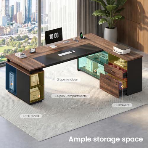 71" L Shaped Corner Home Office Desk, Large Executive Computer Desk with Lockable File Cabinet, 2 Drawers, Storage Cabinet, Power Outlets, CPU Stand, Storage Shelves & Modesty Panel, Walnut