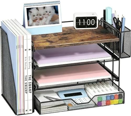 OPNICE Desk Organizers and Accessories, 4-Tier Desktop File Organizer with Drawer and Pen Holders, Office Desk Accessories Workspace Organizers for Office Supplies (Brown)