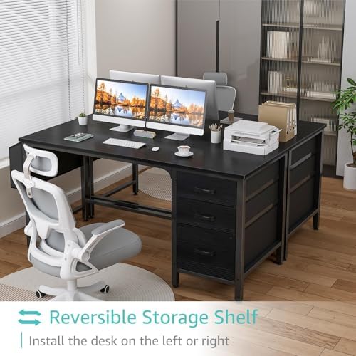 Lufeiya Computer Desk with Fabric File Drawers Cabinet, 55 Inch Reversible Home Office Desks with Filing Cabinet, Study Writing Table PC Desks with Storage for Bedroom, Black