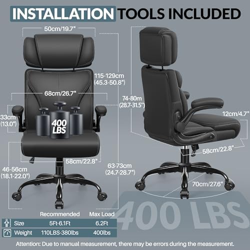 Office Chair, Ergonomic Big and Tall Computer Desk Chair with Retractable Adjustable Headrest, Executive Breathable Leather Chair, Lumbar Support Swivel Flip-up Armrests Rocking Function,Matte Black